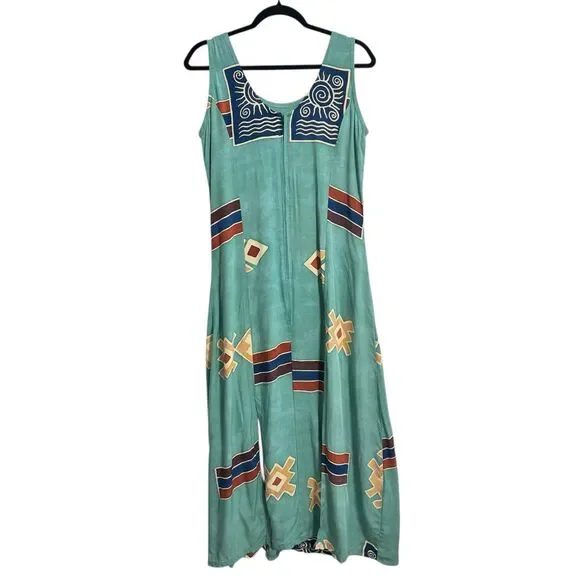 Bali Batiks Aztec Print Maxi Dress Sz M Aqua Green 4-Slit Bottom - Picture 4 of 9